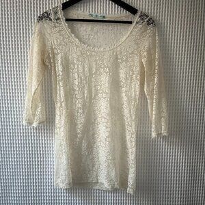 Maurices sheer lace ivory 3/4-sleeve scoop neck top